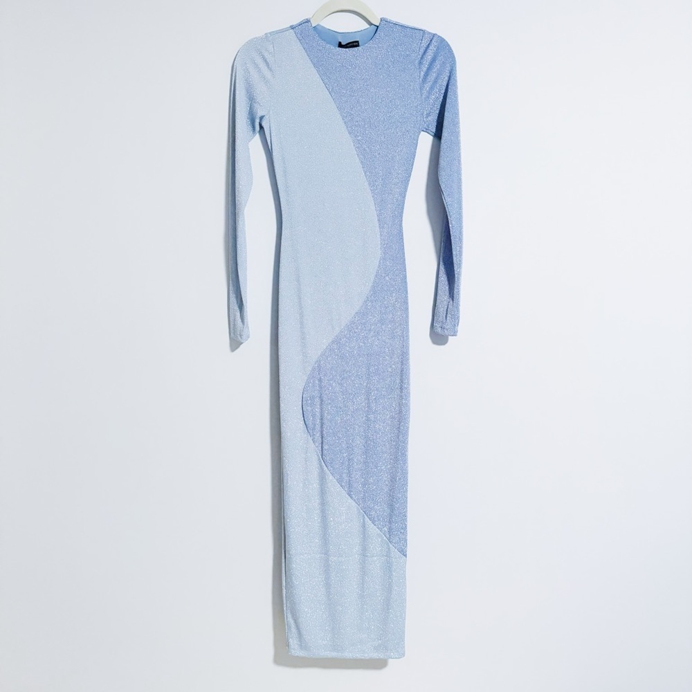 Naked Wardrobe - Blue Glitter Fitted Maxi Dress